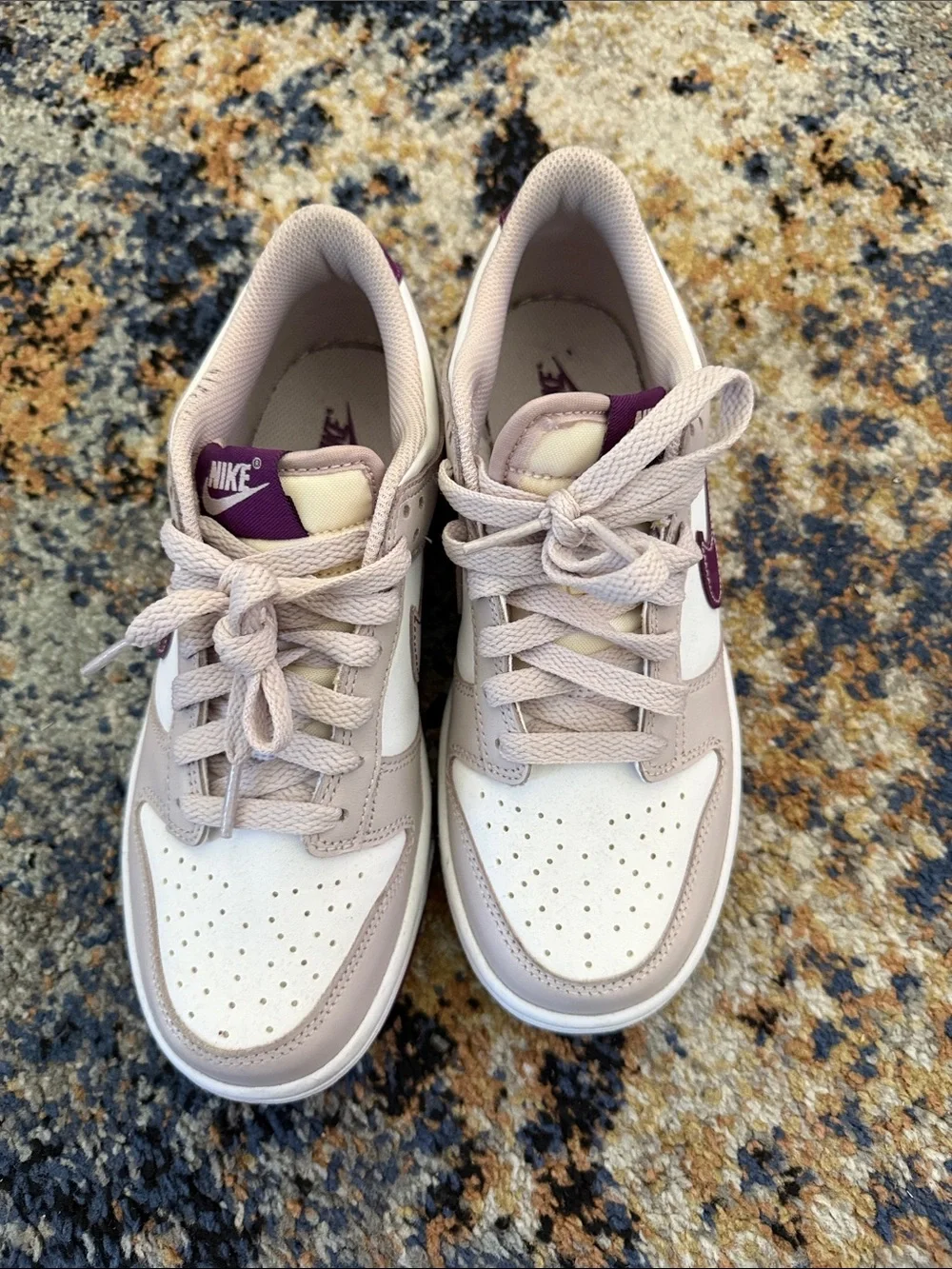 Nike Dunk Low-Top Sneakers in White, Mauve, and Purple Accents